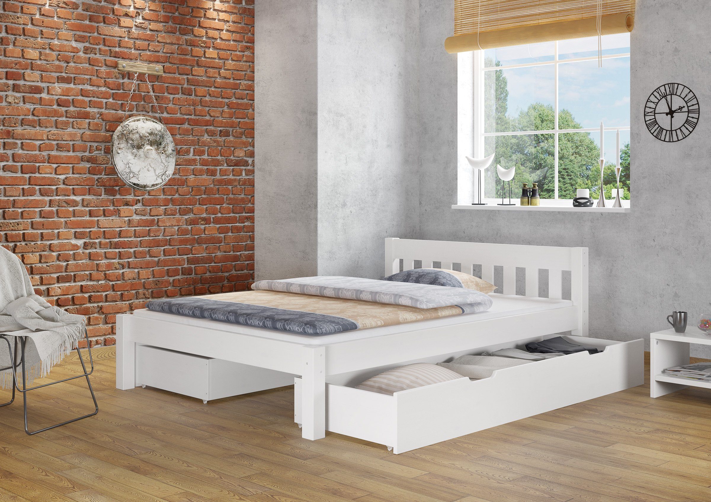 und ERST-HOLZ Kieferwaschweiß Weißes Holz Doppelbett Matratze, 140x200 mit Rost Bett