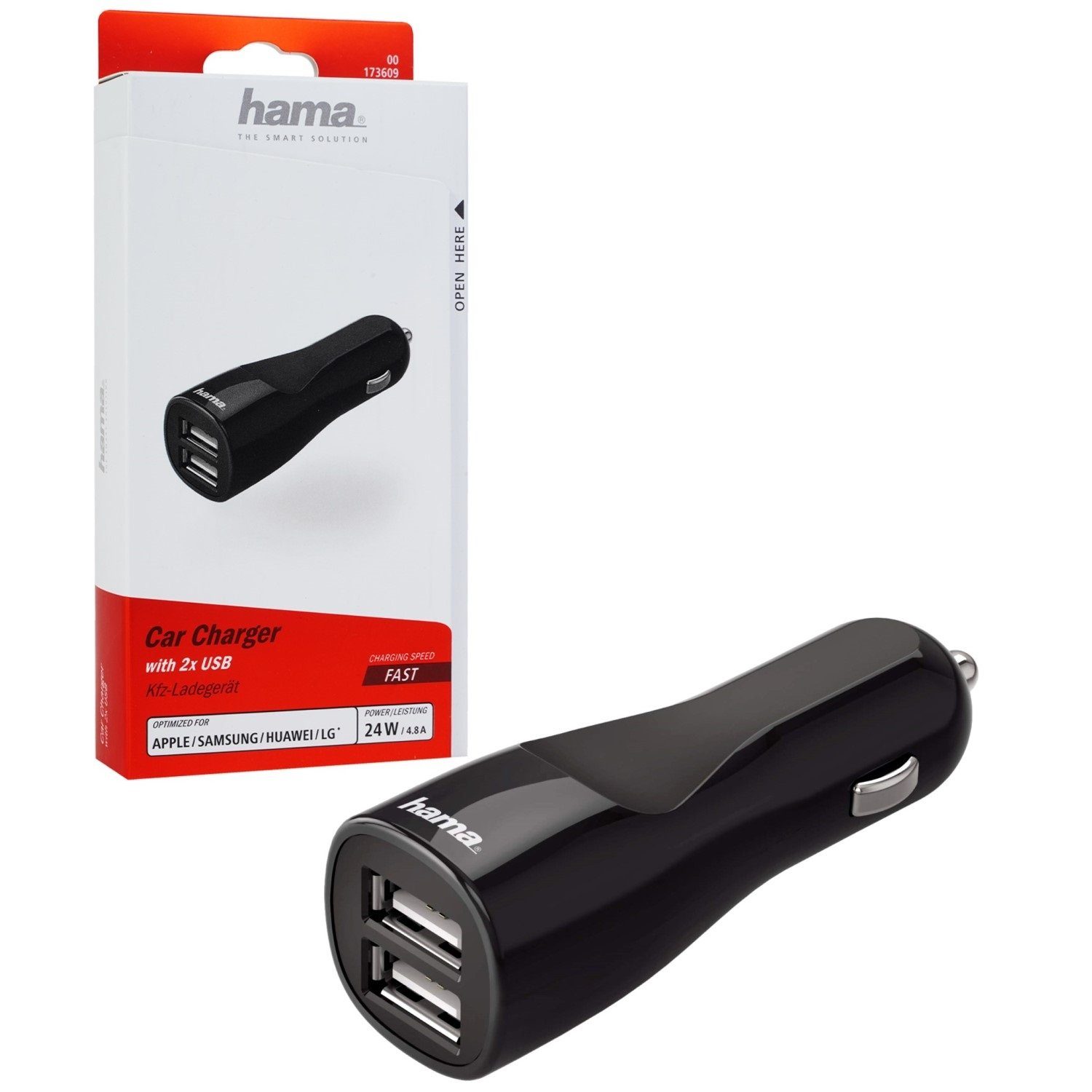 Hama Dual KFZ Lader 4,8A USB Ladegerät 12V 24V Smartphone-Kabel, USB, schnelles Aufladen Lade-Adapter für Tablet PC Handy iPhone etc.
