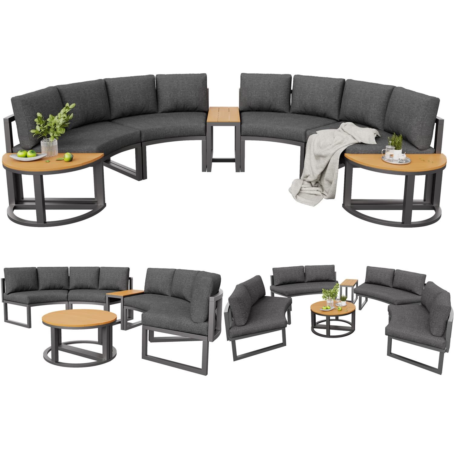 autolock Gartenlounge-Set Gartenmöbel-Set,Garten Loungesessel Set,bequeme Gartenmöbel, mit grau Sitzpolstern+Kissen,verstellbare Beine,elegantes rundes Sofa