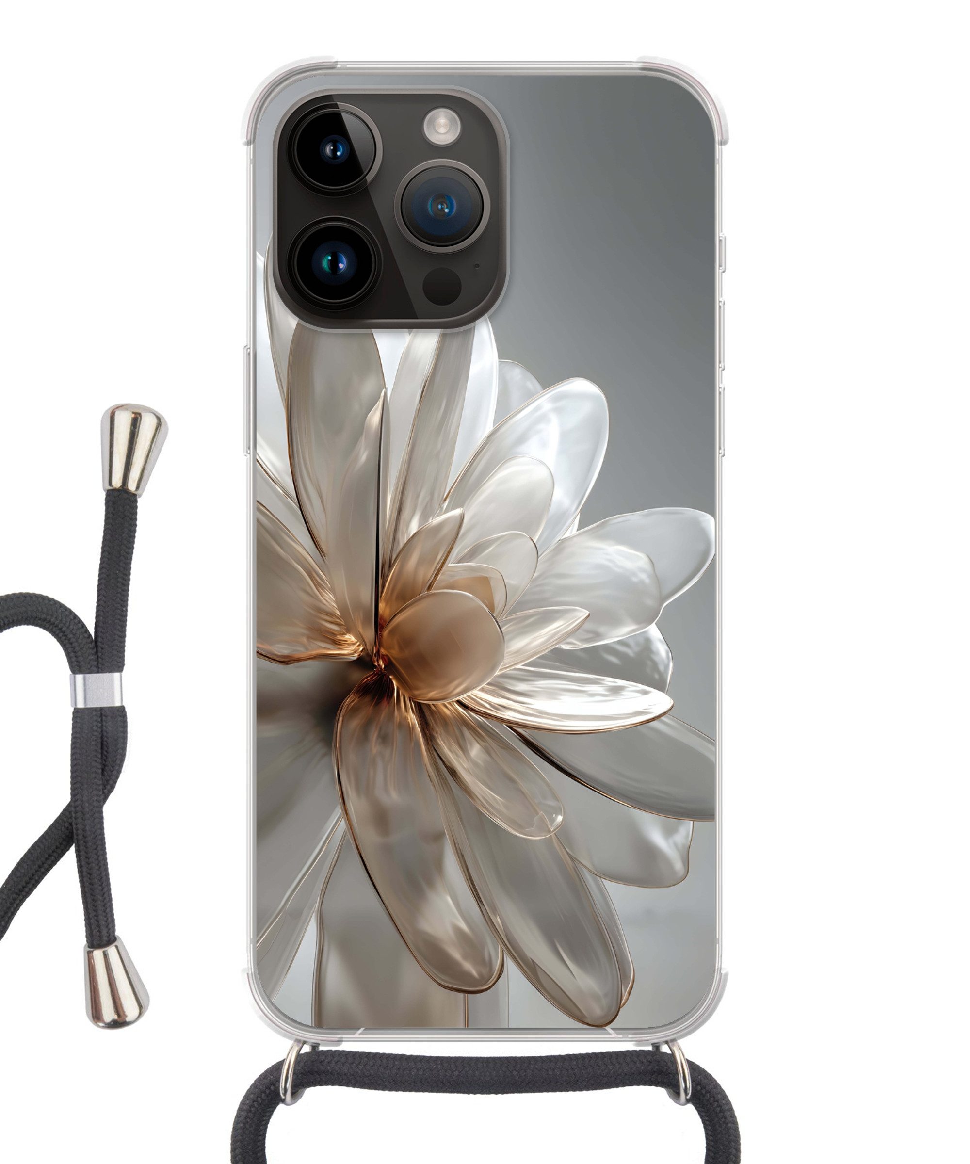 MuchoWow Handyhülle für Apple iPhone 14 Pro Blume - Weiß - Neutral, Tragbare Handyhüllen mit Kette zum umhängen, Handykette Handyband