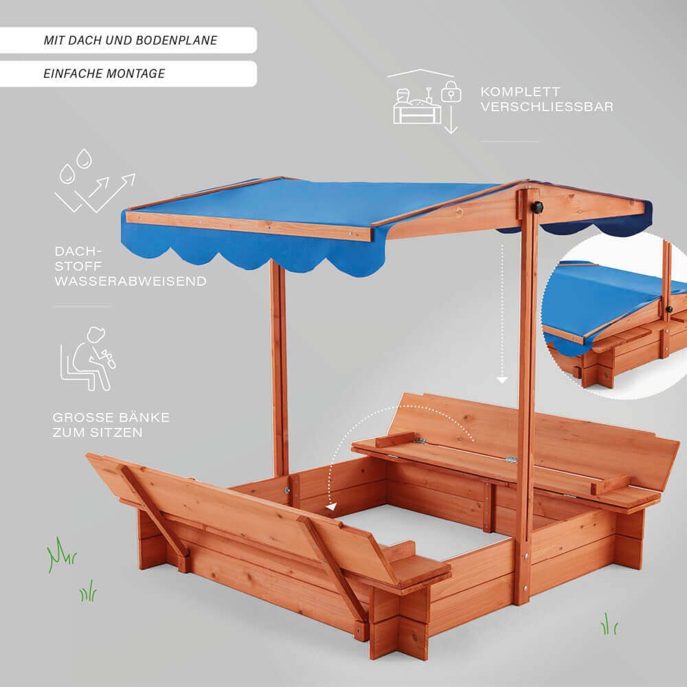 HOME DELUXE Sandkasten BUDDELKISTE, mit Sonnensegel, 2in1 Sitzbänken zum Abdecken, Sandkiste