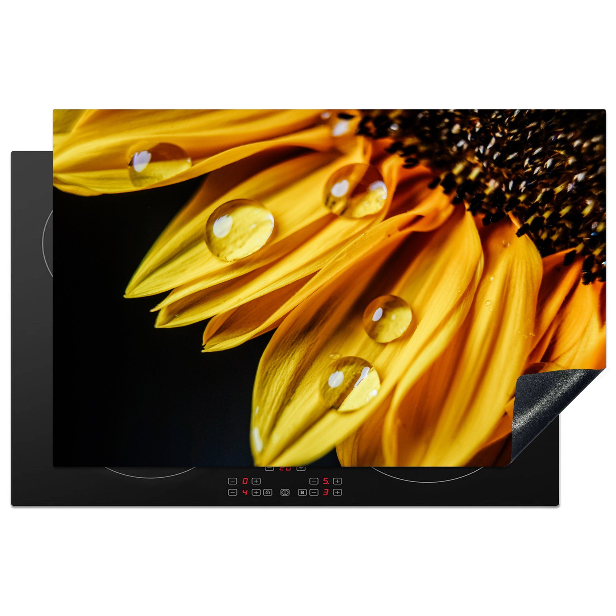 MuchoWow Herdblende-/Abdeckplatte Wassertropfen auf einer Sonnenblume, Vinyl, (1 tlg), 81x52 cm, Induktionskochfeld Schutz für die küche, Ceranfeldabdeckung