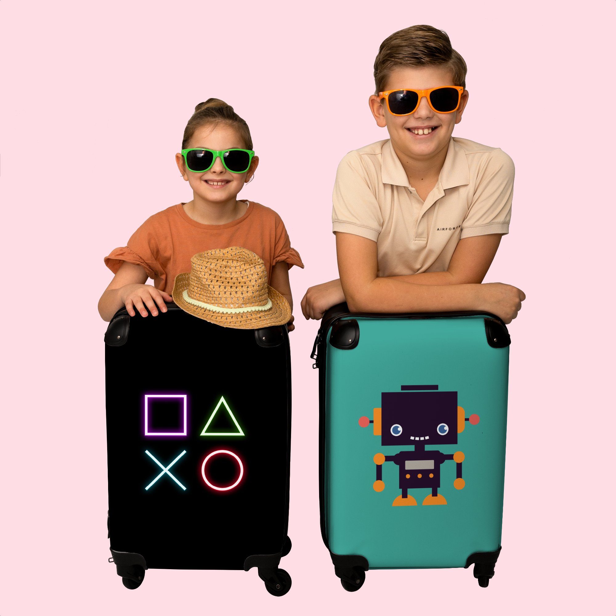 - - Kindertrolley, Schwarz Koffer mit NoBoringSuitcases.com© Ferien, Kind, Rollen, Reisetasche Handgepäck 4 rollen, - 55x35x20cm - Kinderkoffer für Jungen Neon Gaming