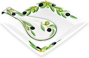 Lashuma Kombiservice Olive (2-tlg), Keramik, Anrichteplatte 27x27 cm und Löffelablage 28 cm