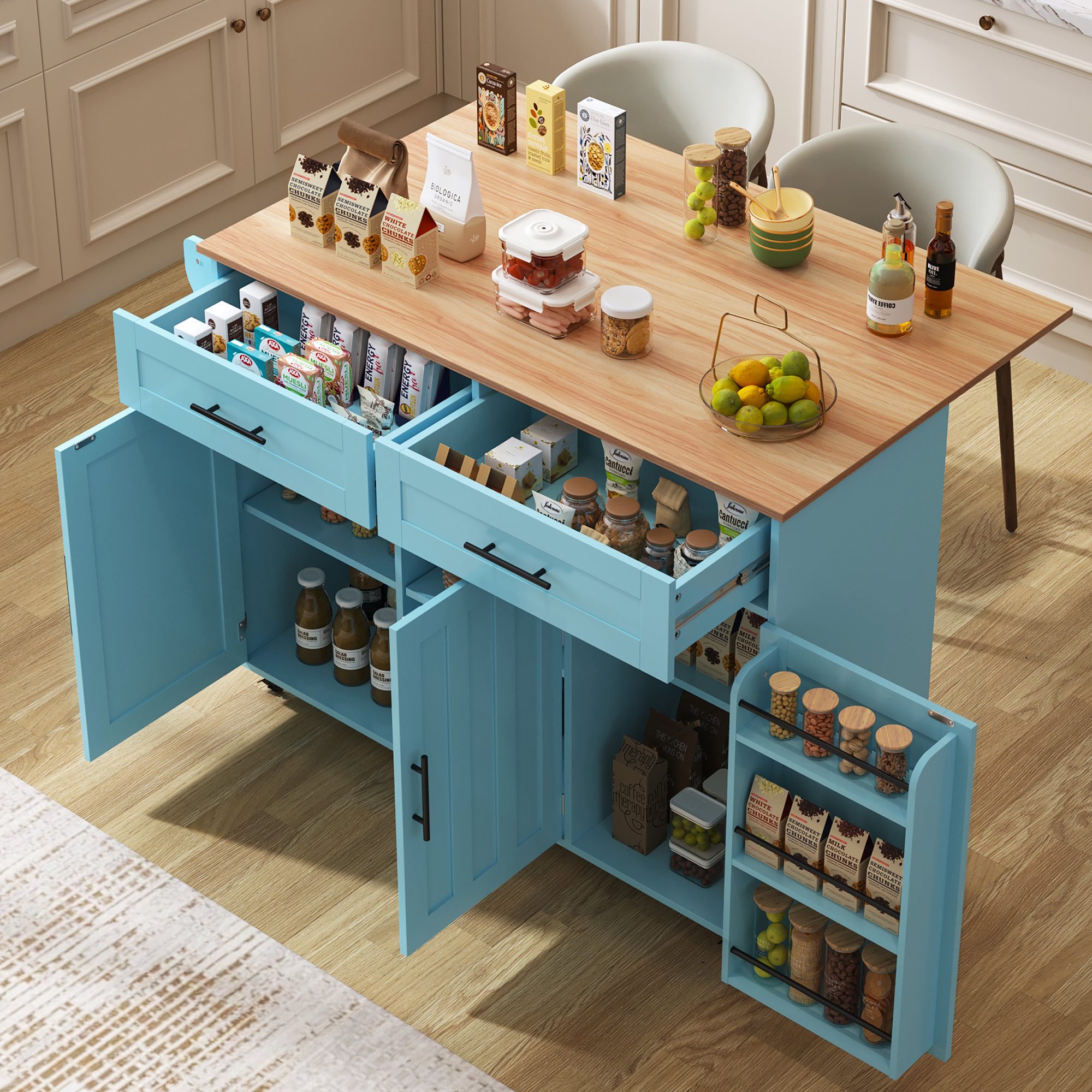 Odikalo Küchenwagen Kücheninsel Sideboard mit klappbare Arbeitsplatte Rollen, (129x46(71)x91,5cm Arbeitsplatte aus massivem Holz klappbare Arbeitsplatte Stauraumtür Rollen-/Massivholzfüße)
