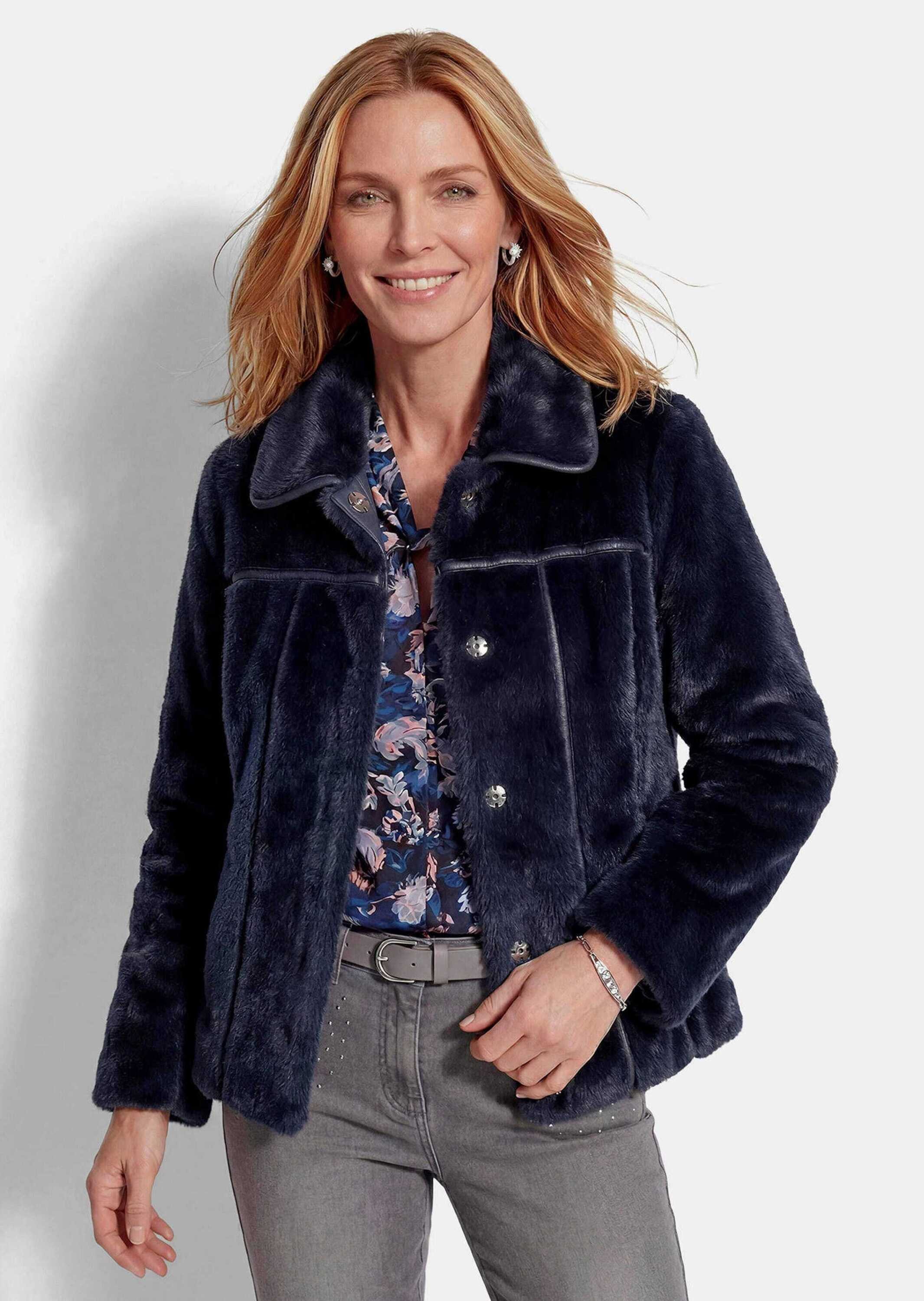 GOLDNER Winterjacke Wendejacke in Fell- und Lederoptik Hüftlanges 2-in-1-Modell mit Umlegekragen und Druckknopfleiste
