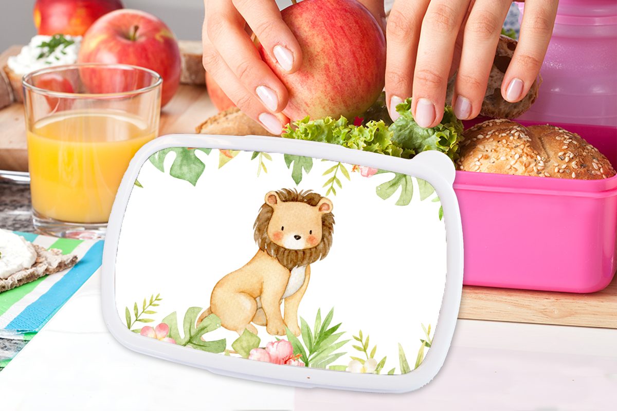 für - Mädchen, (2-tlg), Kinder, Blumen, Lunchbox Kunststoff, Brotbox Brotdose MuchoWow Snackbox, Pflanzen - - Kunststoff rosa Dschungel Erwachsene, Löwe