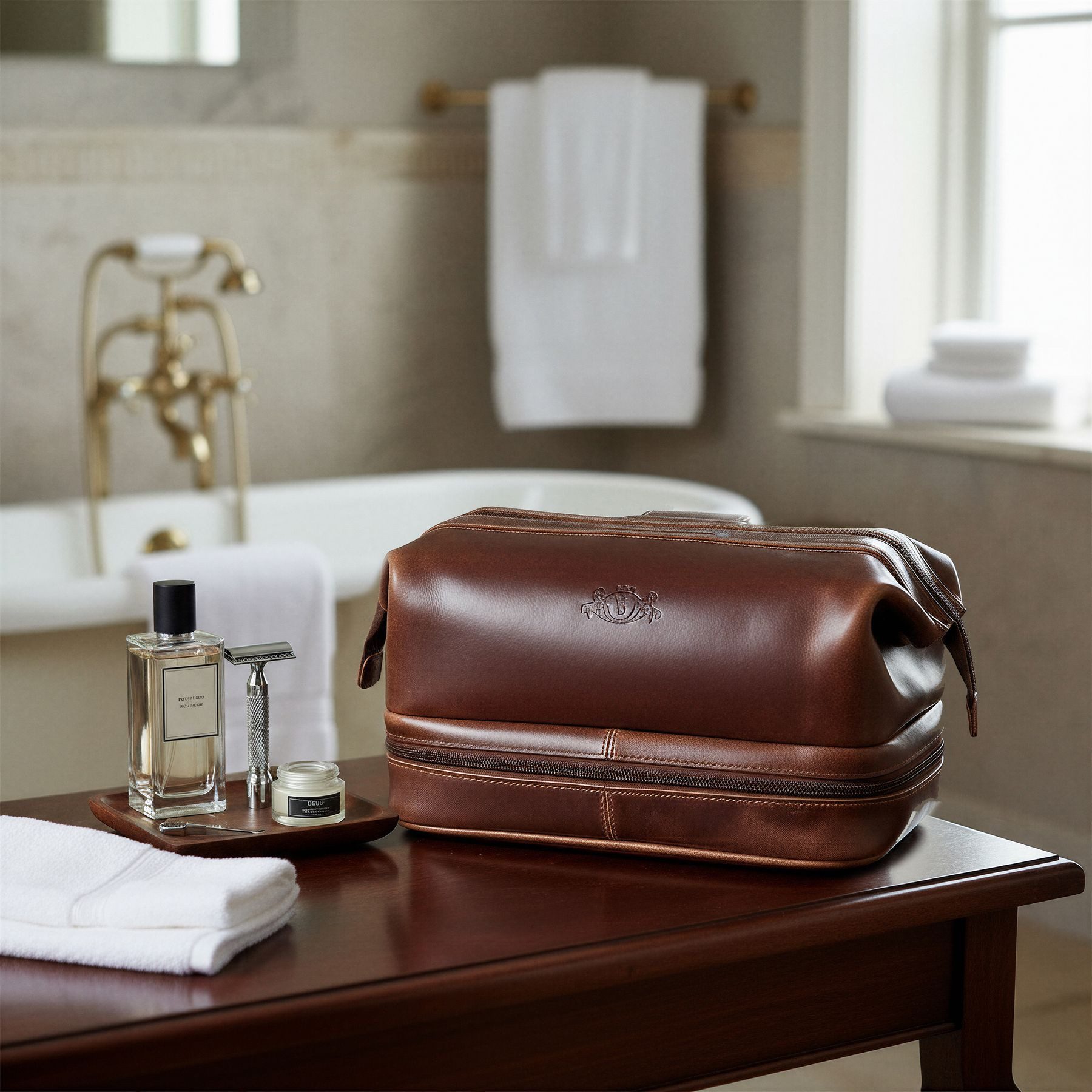 SID & VAIN Kulturbeutel echt Leder Kulturtasche groß braun NOTTINGHAM, Waschbeutel Echtleder für Herren, Kosmetiktasche braun-cognac