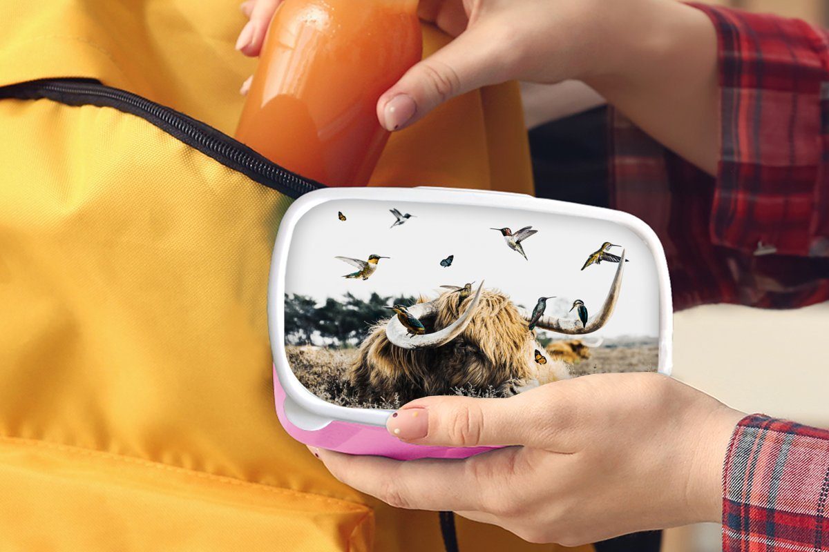 MuchoWow Lunchbox Schottischer Highlander Kunststoff, Kinder, Heidekraut, Vogel (2-tlg), rosa Mädchen, Brotdose Erwachsene, Kunststoff - Snackbox, für Brotbox 