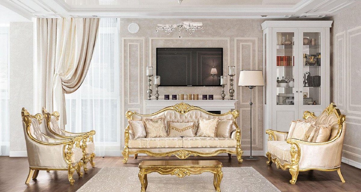 Casa Padrino Gold Beige - / Edel Muster Sofa Sofa Wohnzimmer mit Möbel & - Prunkvolles Luxus Barock Sofa - Prunkvoll Wohnzimmer Barock