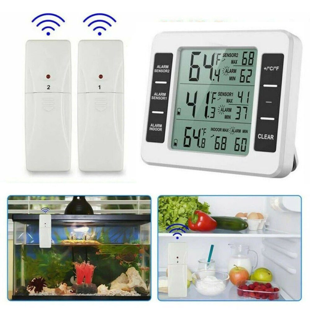 BlingBin Kühlschrankthermometer Funk Kühlschrank Thermometer Digital mit 2 Sensoren, 1er Set 3-tlg., Temperatur Alarm, Innen-/Außentemperatur, MIN/MAX für Gefrierschrank