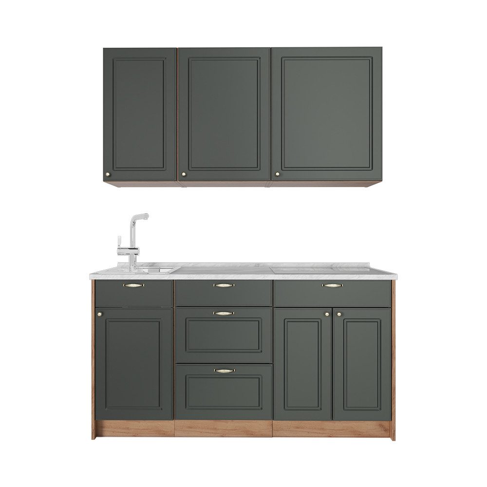 Vicco Küchenzeile Fame-Line, Grün-Gold Landhaus/Goldkraft Eiche, 150 cm, AP Marmor