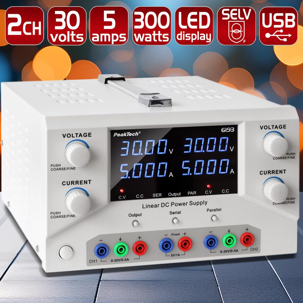 PeakTech 30 V 5 A DC Labornetzteil 2×0–30 V/0–5 A SELV, linear Labor-Netzteil