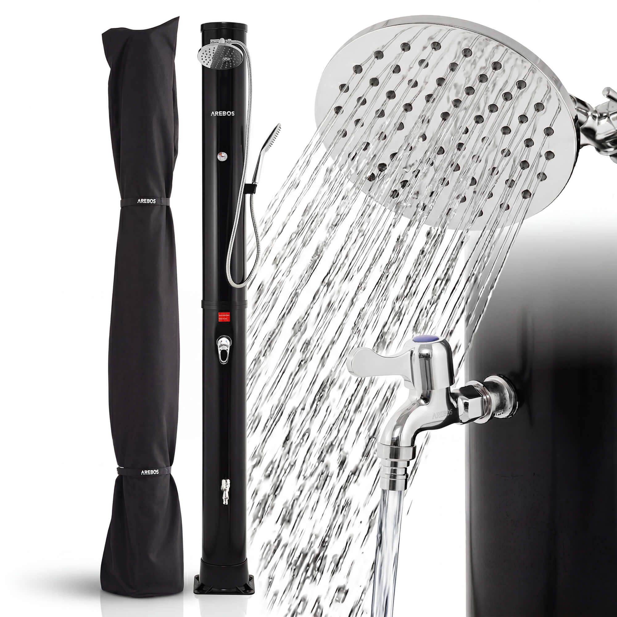 Arebos Solardusche 40 L Solar-Gartendusche mit Handbrause, Thermometer & Fußdusche (Komplett-Set, Schwarz/Silber), inkl. Abdeckhaube