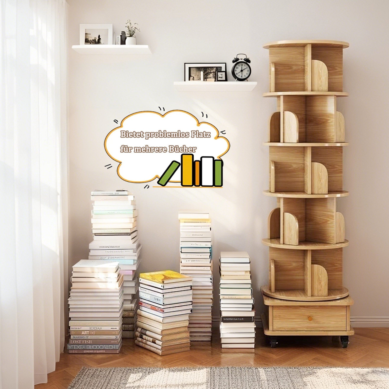 Luckice Bücherregal 6 StöCkiges Drehregal, 360° Drehbares Rundregal mit Rollen, Set, Platzsparendes Drehregal füR Kleine RäUme – Bild 5 von 5