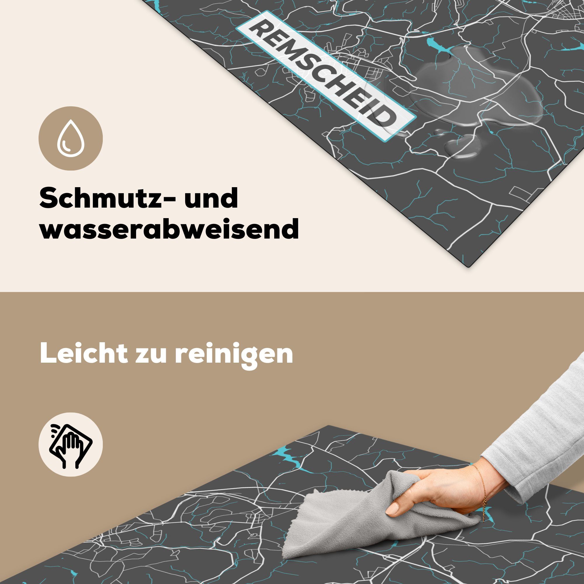- cm, Deutschland MuchoWow Stadtplan Herdblende-/Abdeckplatte (1 Ceranfeldabdeckung, für Vinyl, Karte Blau Remscheid, tlg), - küche - Arbeitsplatte - 78x78