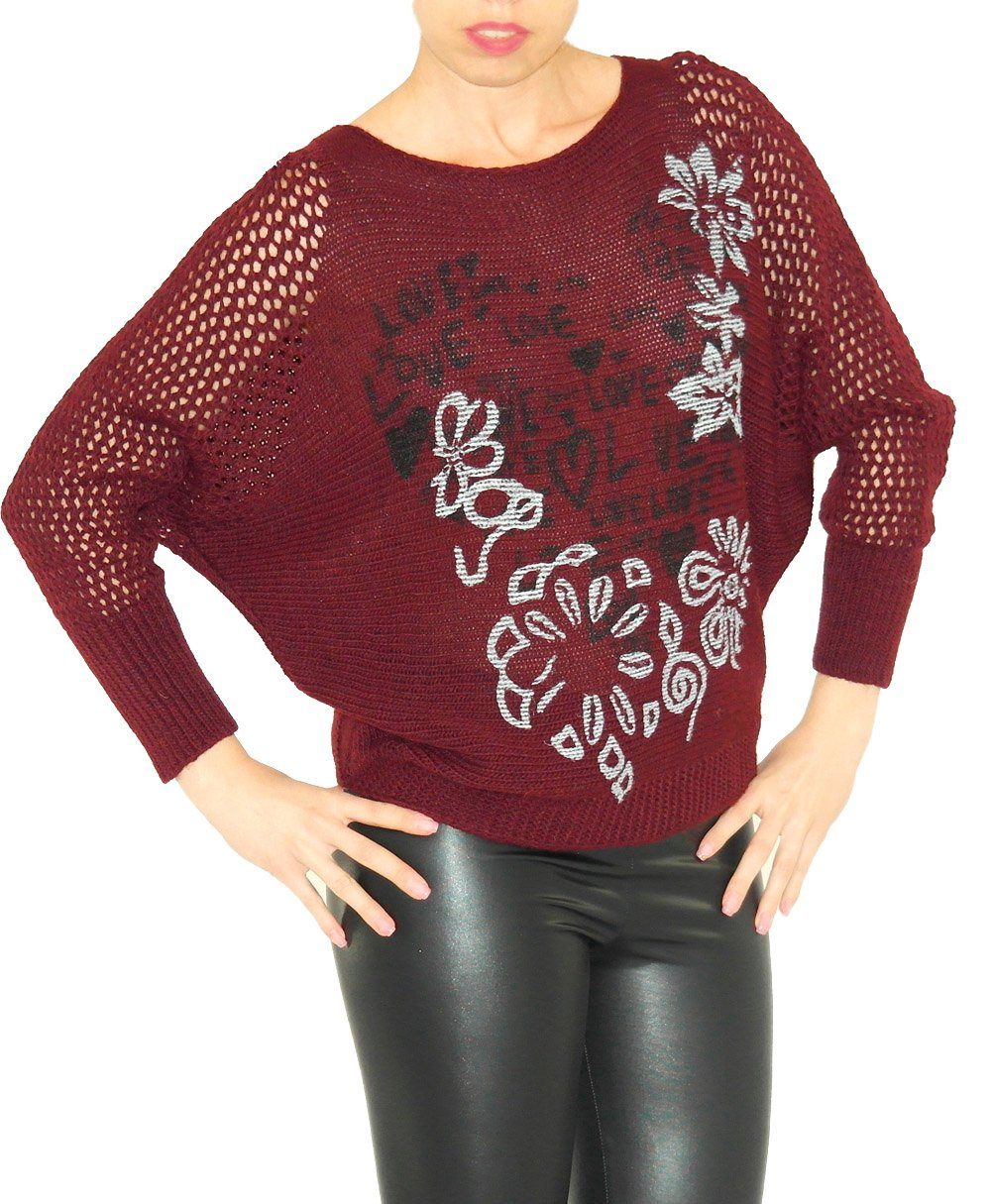 Strick Pulli Love-Blumen leicht weinrot Wolle Longpullover YESET Top-Netz Pullover