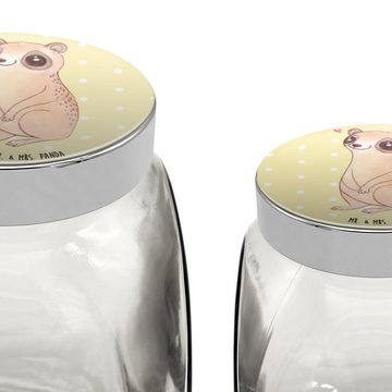 Mr. & Mrs. Panda Vorratsglas L 870ml Plumplori Glücklich - Gelb Pastell - Geschenk, Aufbewahrungsd, Premium Glas, (1-tlg), Eigene Motive