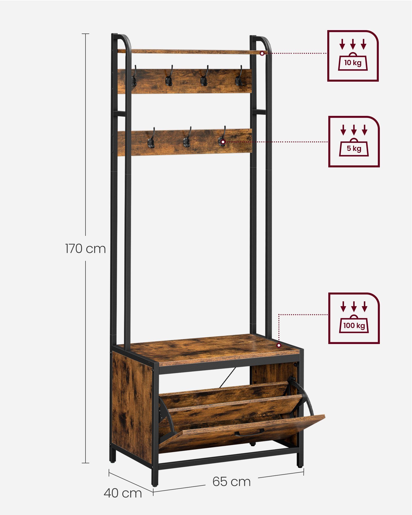 VASAGLE Garderobenständer Garderobe, mit Schuhschrank, Sitzbank, Schuhkipper, Haken, obere Ablage