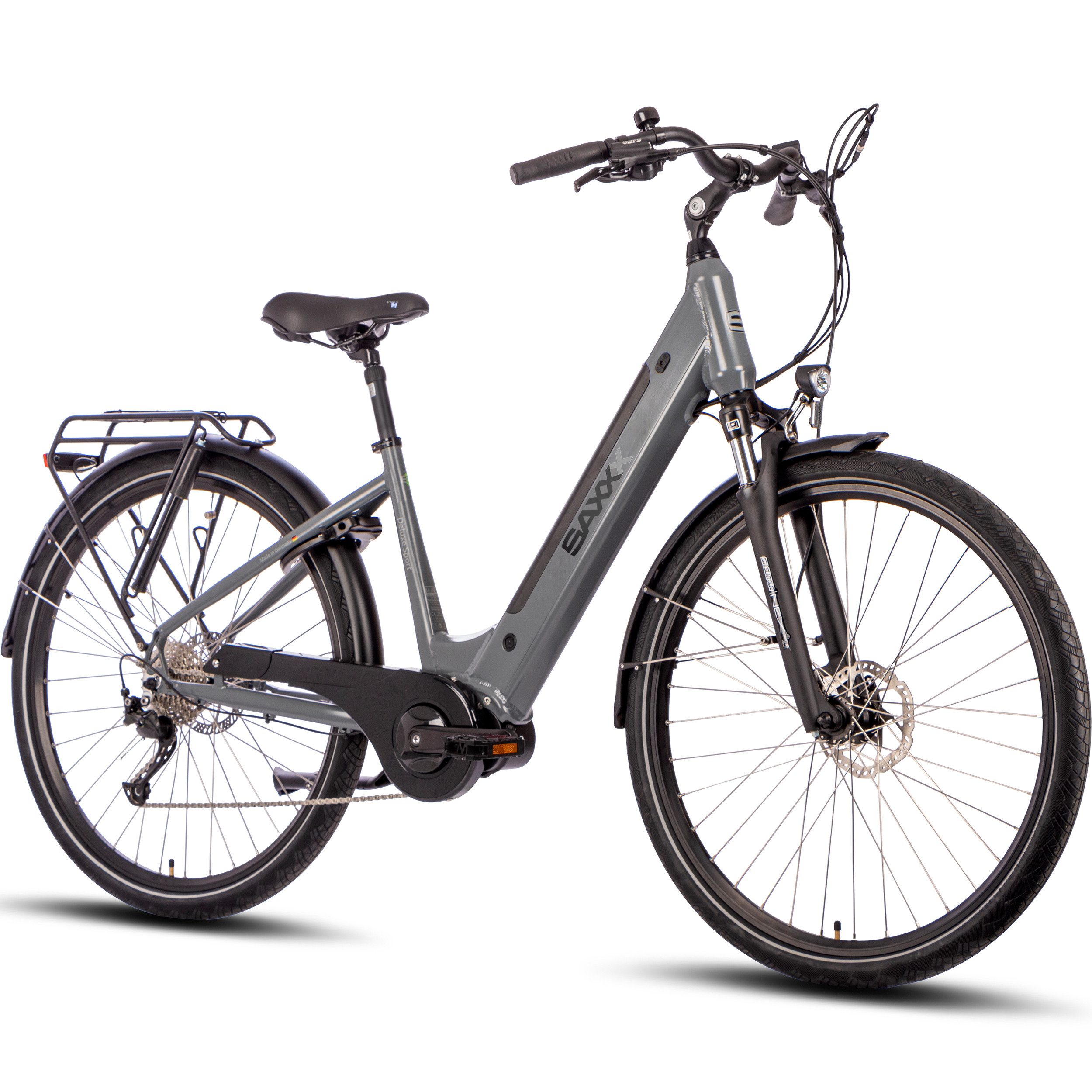 SAXXX E-Bike Trekkingrad Deluxe Sport Wave – 28" E-Bike, Mittelmotor, bis 100 km Reichweite, 9 Gang Shimano Alivio Schaltwerk, Kettenschaltung, Mittelmotor, 418 Wh, Für Damen & Herren – Federgabel, Gepäckträger, Scheibenbremsen