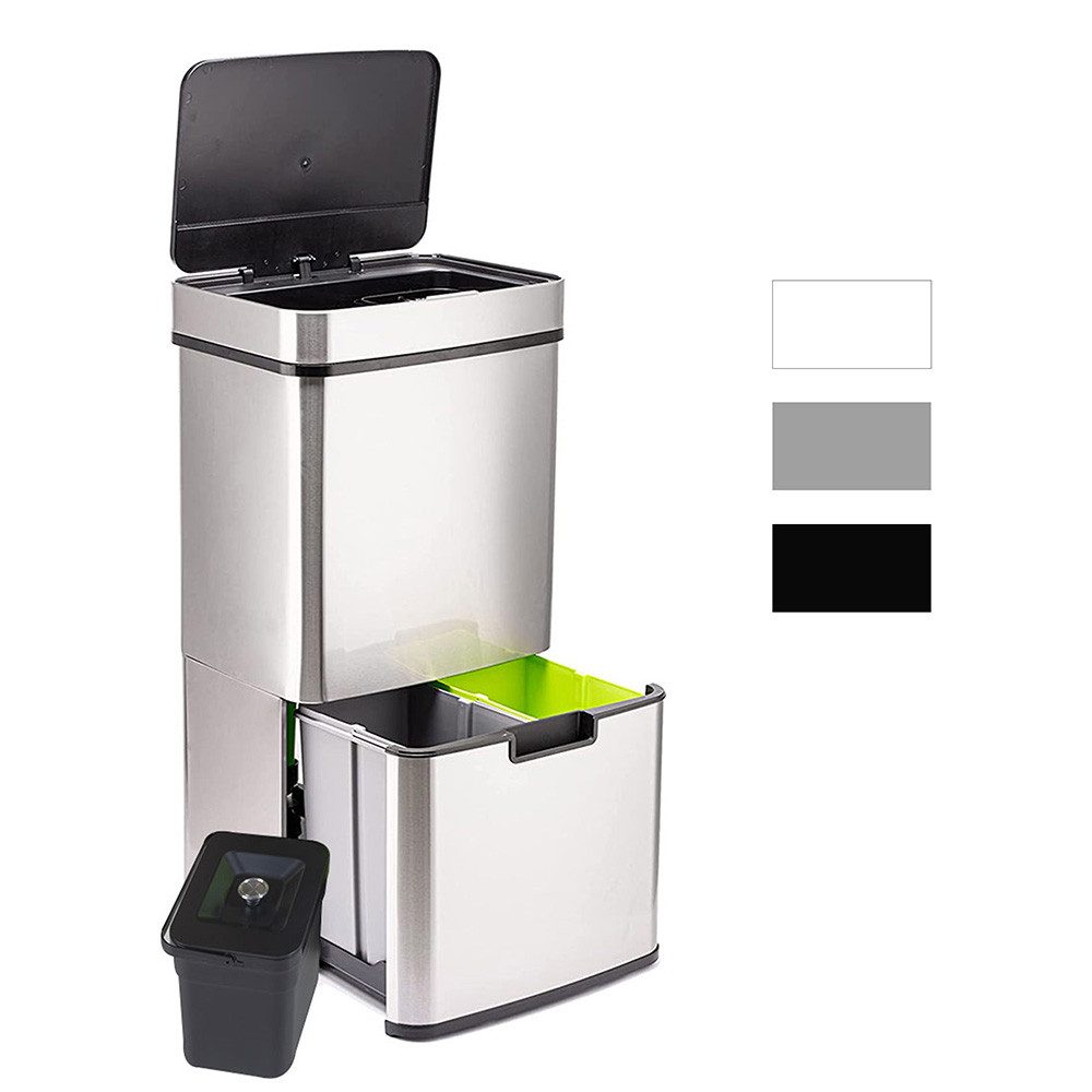 Ribelli Mülltrennsystem Sensor Mülleimer, 4 Fächer, Mülleimer Küche, 72L, Silber, Abfalleimer mit Sensor