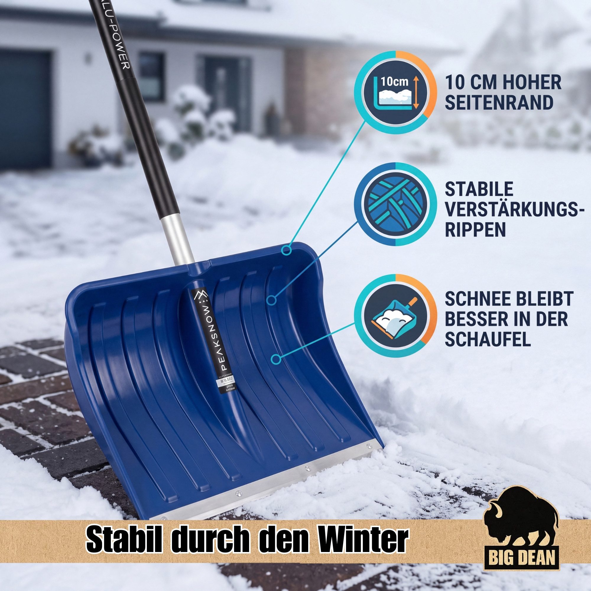BigDean Schneeschieber groß Profi Schneeschaufel mit Alustiel, 55 cm Arbeitsbreite, Alustiel Metallkante D-Griff – Bild 4 von 5