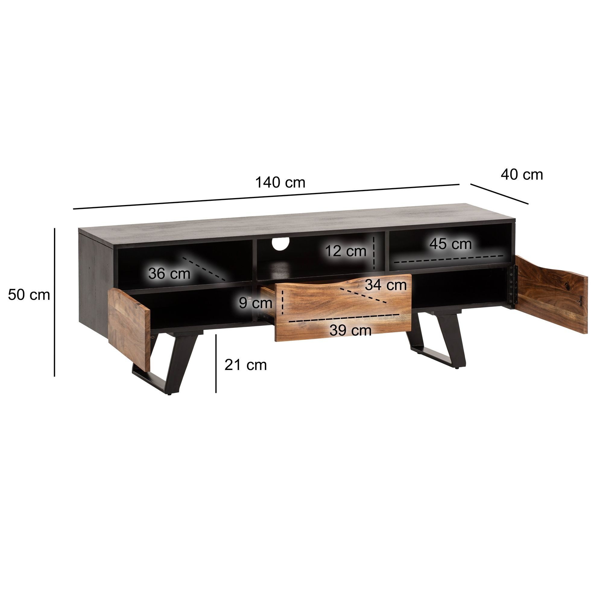 FINEBUY Lowboard FB105141 Massive TV-Board Kommode 140cm Akazie Massivholz Baumkante (Akazie Massivholz, zwei Türen, 140x50x40 cm)