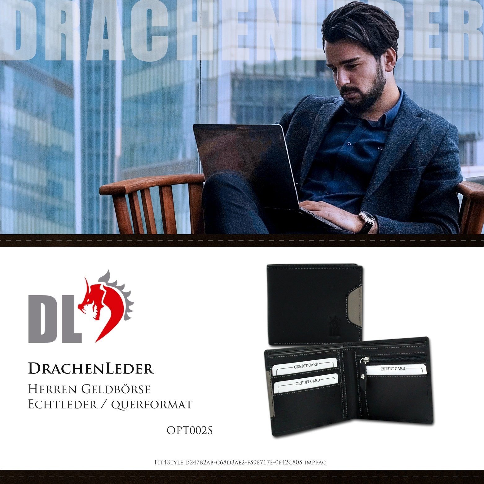 DrachenLeder Geldbörse DrachenLeder Herren Portemonnaie Börse (Portemonnaie, Portemonnaie), Herren Geldbörse Echtleder Größe ca. 11,5cm, schwarz, grau, Serie Ben