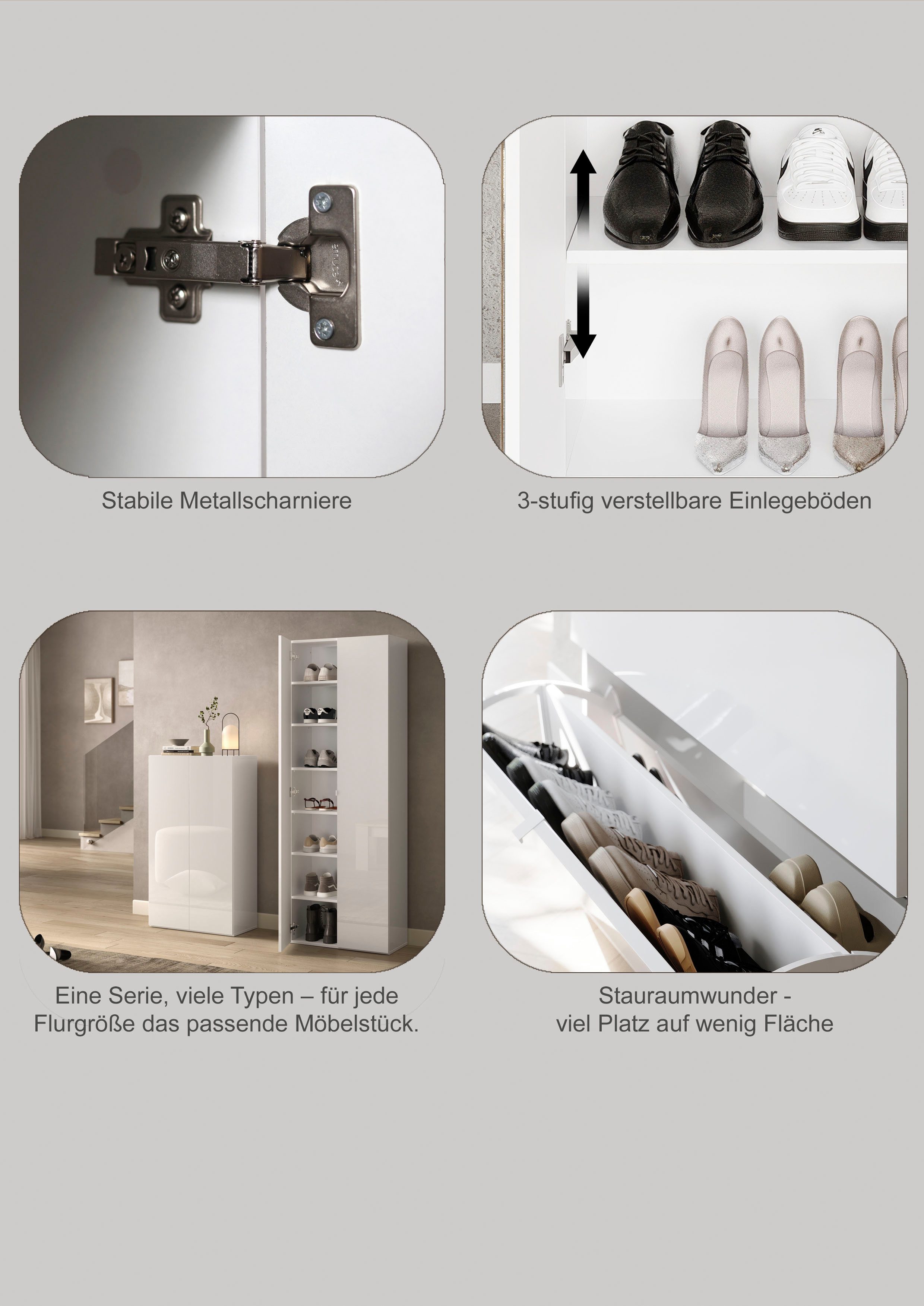 OTTO home Schuhschrank SMILE Breite 104 cm, 2 Klappen, komplett Weiß Hochglanz lackiert, Schuhkipper hängend o. stehend montierbar, 4 Fächer, Metallgriffe