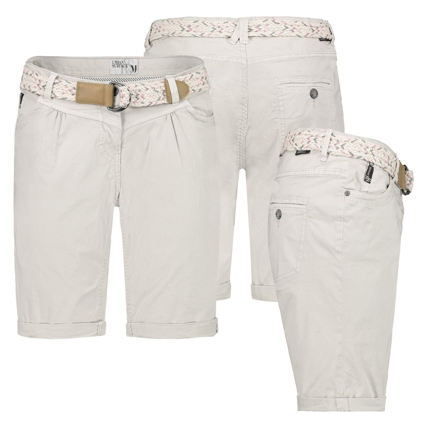 Urban Surface Bermudas Damen Short Bermuda kurze Hose Sommer Chino Stoff knielang mit Gürtel