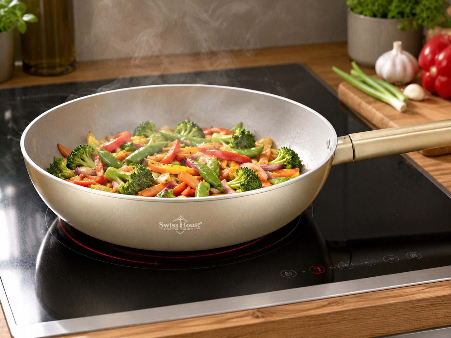 Swiss-Haus Wok Wok-Pfanne mit Glasdeckel Ø30 Antihaft Induktion Swiss Haus SH-SCW30CH, Material: Aluminium, Kunstsoff, Glas (Set bestehend aus Pfanne und Glasdeckel)
