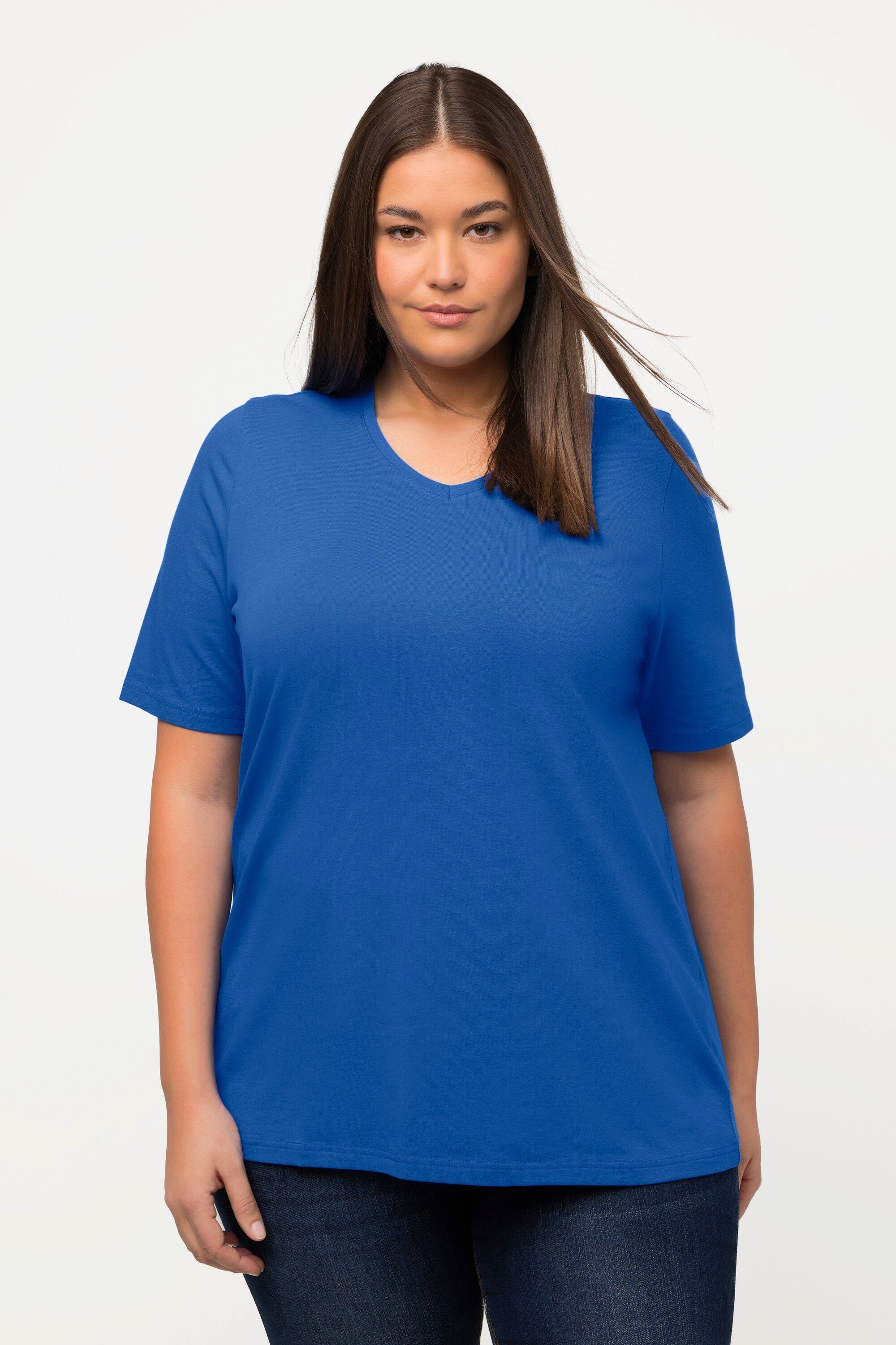 Ulla Popken Rundhalsshirt T-Shirt A-Linie V-Ausschnitt Halbarm kobalt blau