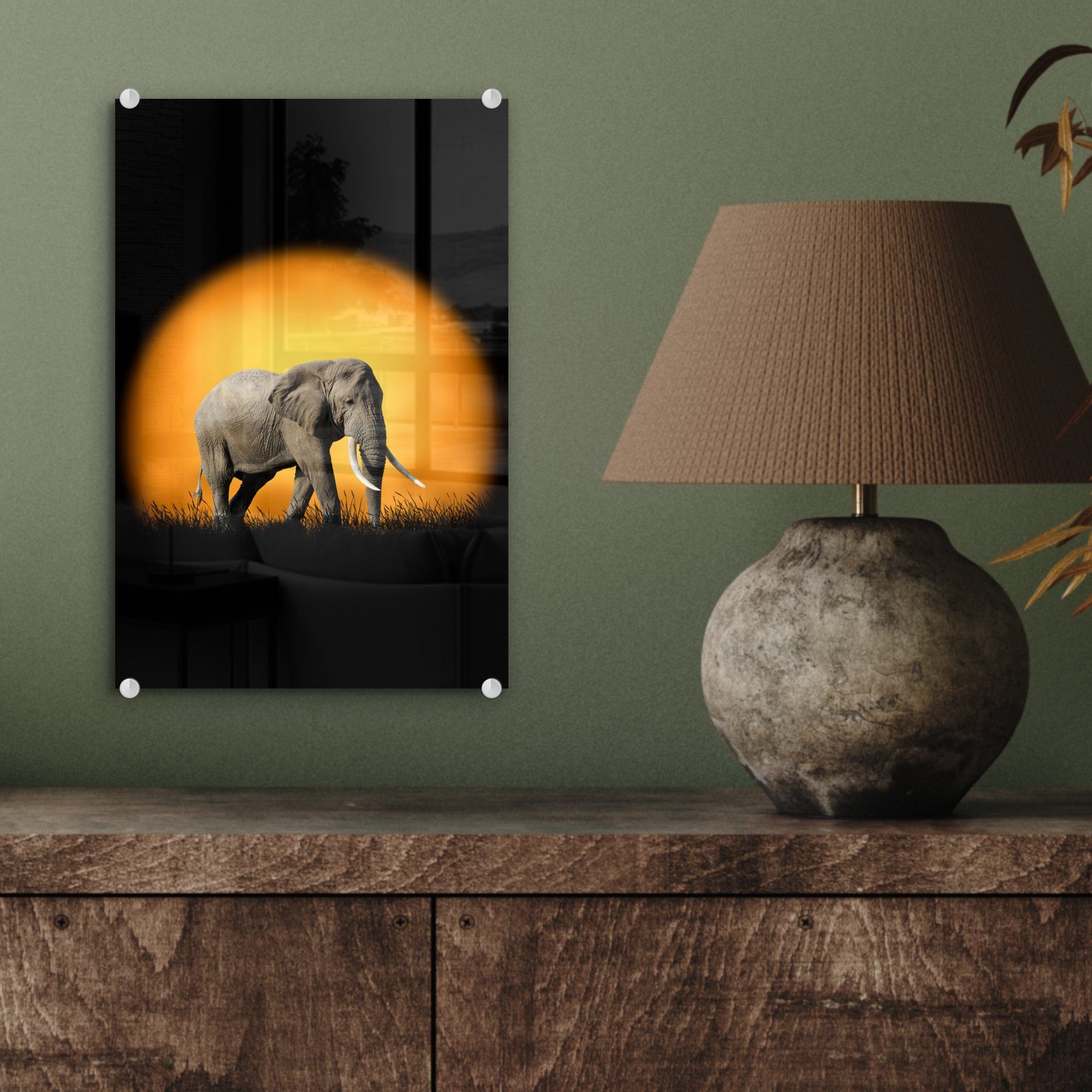 auf Foto Glasbilder Orange, Acrylglasbild Sonne Bilder Wandbild - - (1 - auf Elefant Glas - St), Wanddekoration MuchoWow - Glas
