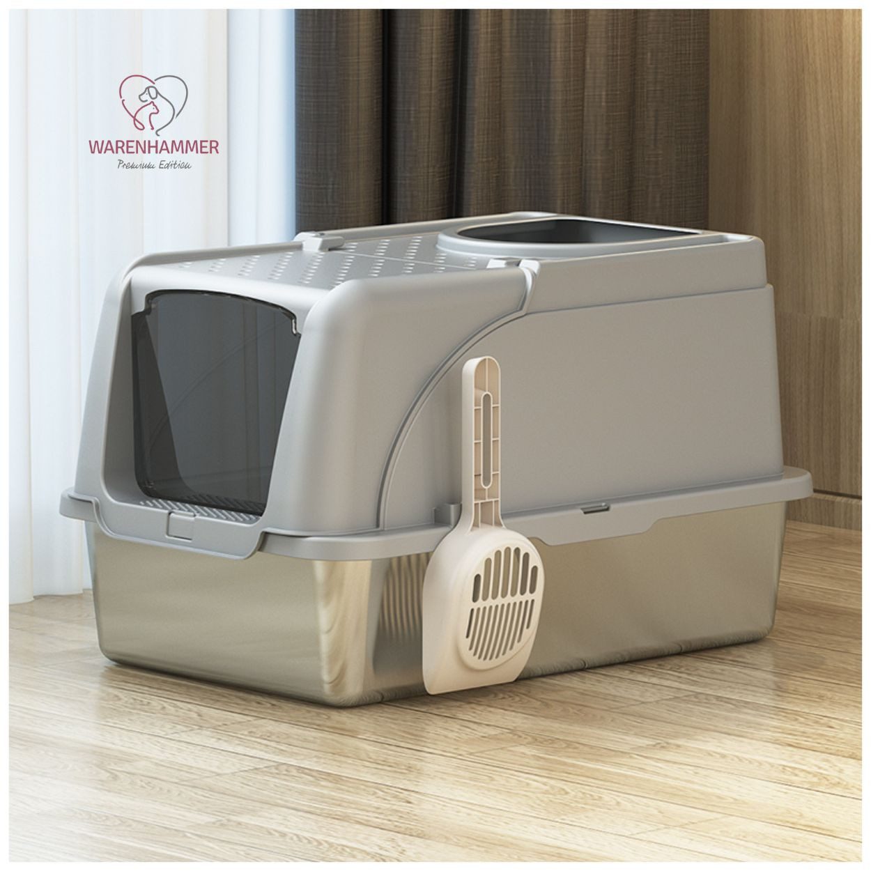 Warenhammer Katzentoilette Katzenklo XXL Premium - Edelstahl mit Deckel - große Frontöffnung, B x L x H : 62 x 41 x 40 cm