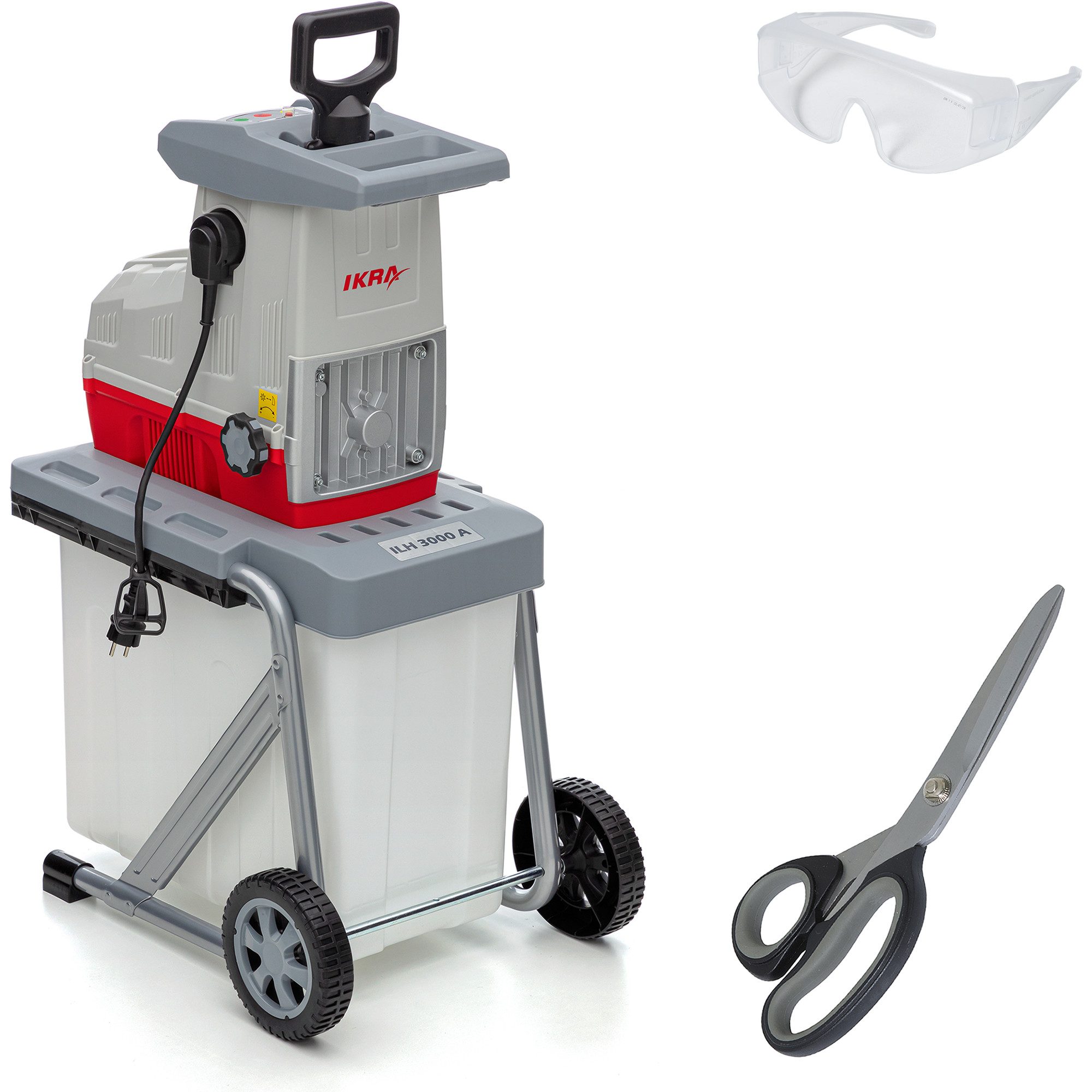 ikra GmbH Häcksler ILH 3000 A, 4,4 cm max. Astdurchmesser, (inkl. Stopfer, Fangkorb, Schere & Schutzbrille), 3000 Watt, leiser Lauf, mit Rücklauffunktion