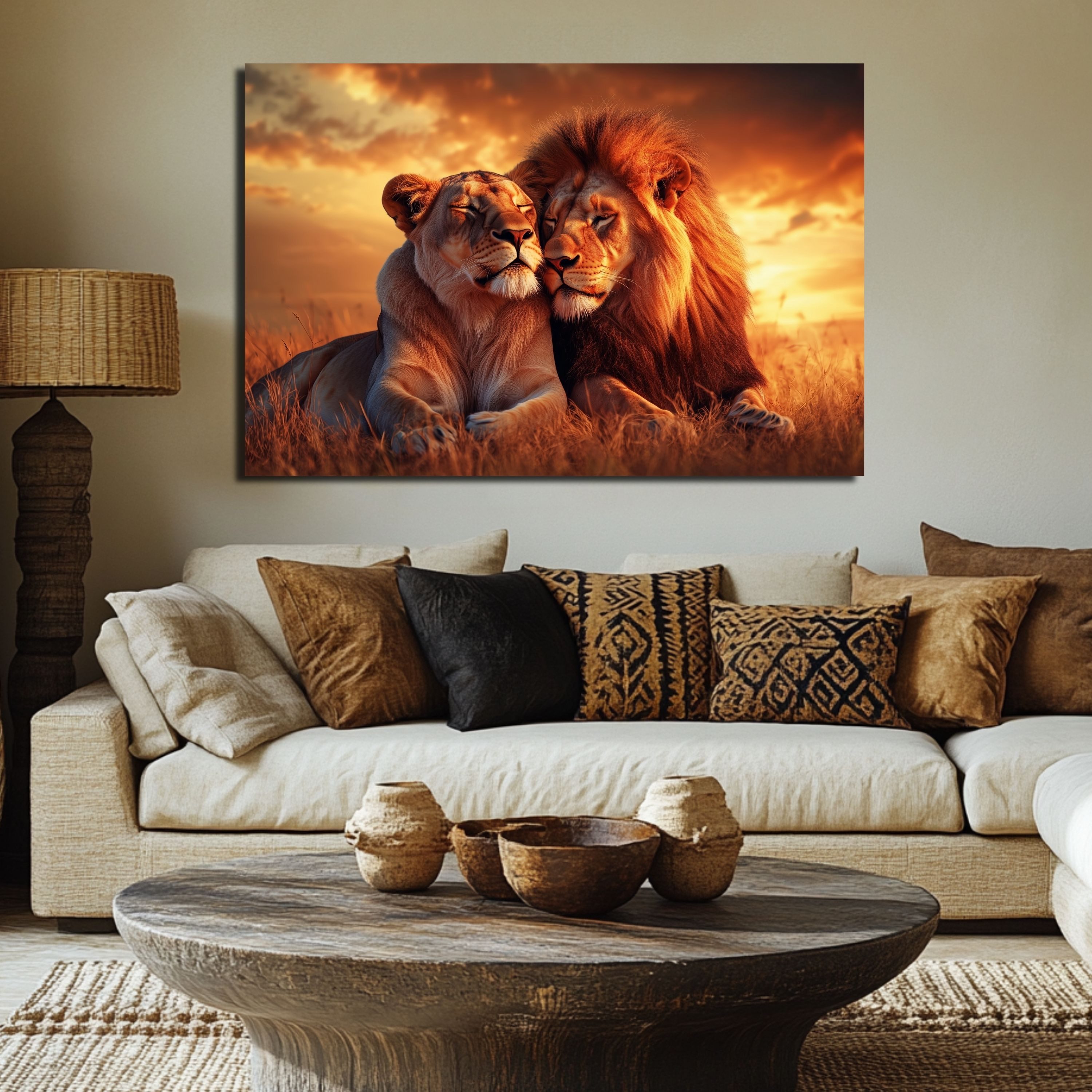 DARO Design Leinwandbild Modern Abstrakt Wandbilder XXL Wandbild Wand Deko Leinwand Bilder, (Löwen beim Sonnenuntergang - -Bild groß Wohnzimmer Schlafzimmer Küc – Bild 4 von 5