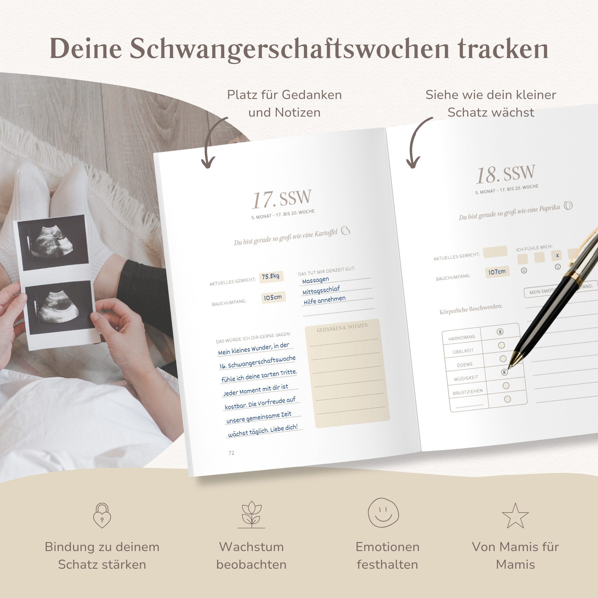 MeinBaby123® Tagebuch Schwangerschaft, Geschenke für Schwangere, Schwangerschafts Journal, Schwangerschaftsbuch "Liebe im Bauch" vergoldet – Bild 4 von 5