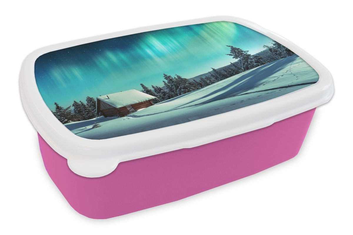 MuchoWow Lunchbox Nordlichter - Schnee - Haus - Winter, Kunststoff, (2-tlg), Brotbox für Erwachsene, Brotdose Kinder, Snackbox, Mädchen, Kunststoff rosa