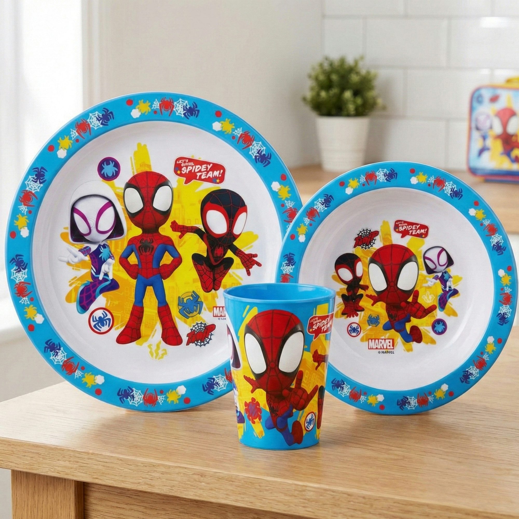 Spiderman Geschirr-Set Spidey und seine Freunde Kinder Frühstücks Set, 1 Personen, Kunststoff, Teller Schüssel Becher
