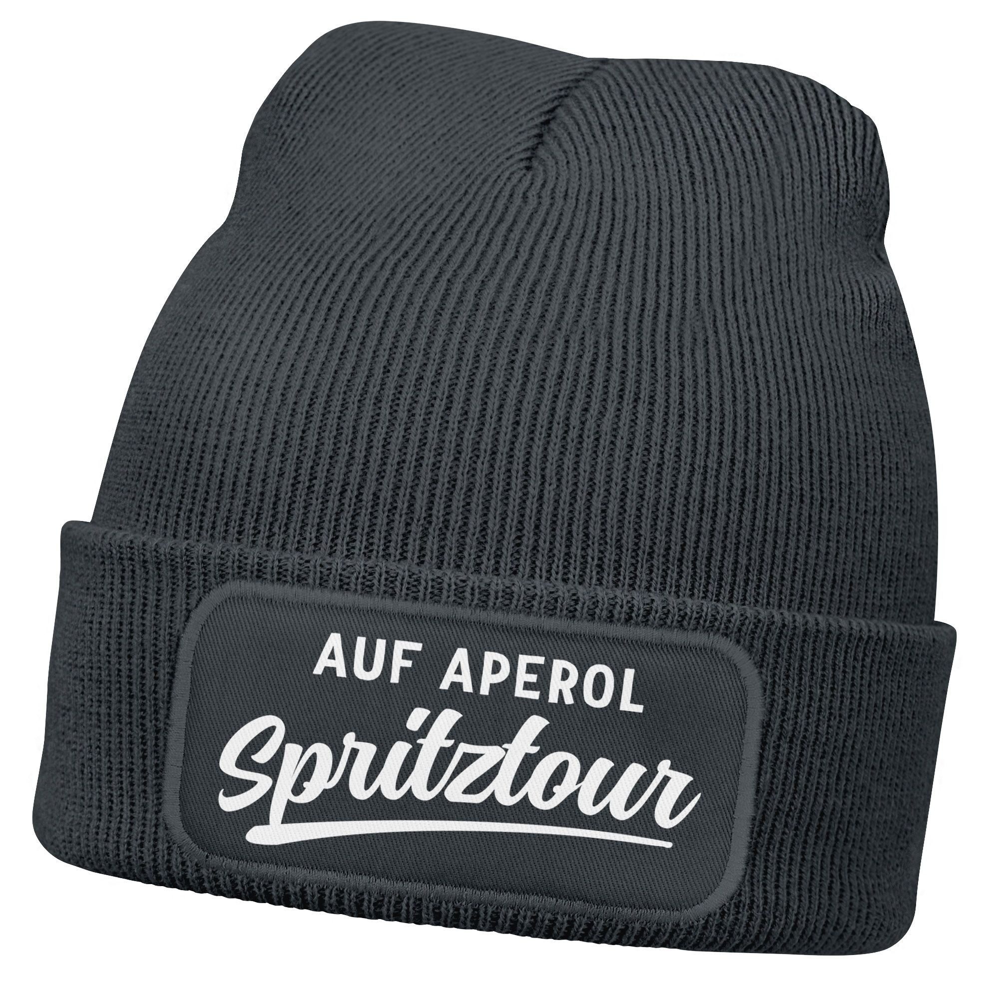 Strickmütze Damen Beanie mit Patch Strickmütze mit Spruch Aufdruck Auf Spritztour