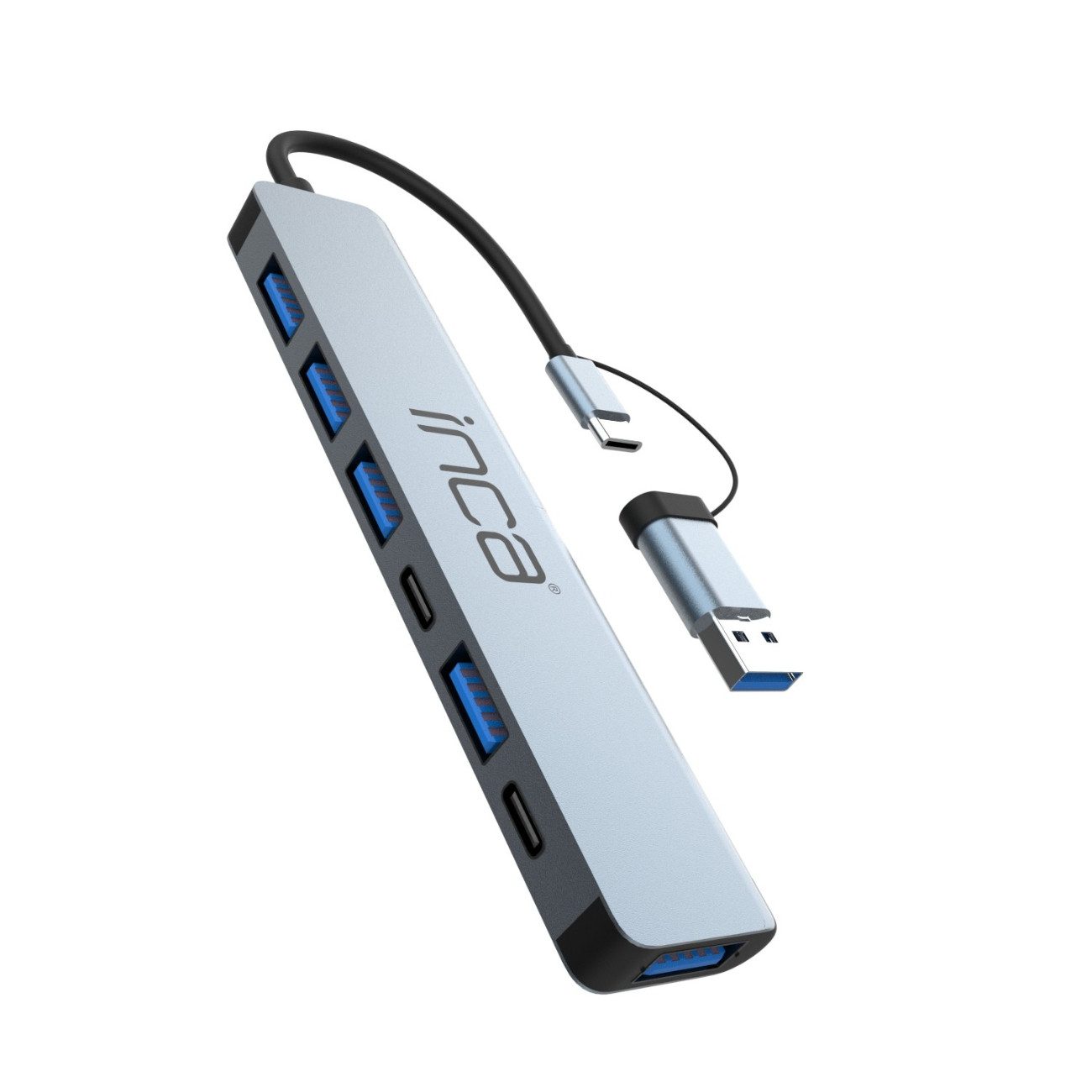 INCA IUTP-7T USB-Adapter USB-C Stecker zu USB-A Buchse, USB-C Buchse, USB-C Hub 5-in-1 mit 100 W PD und Aluminiumgehäuse