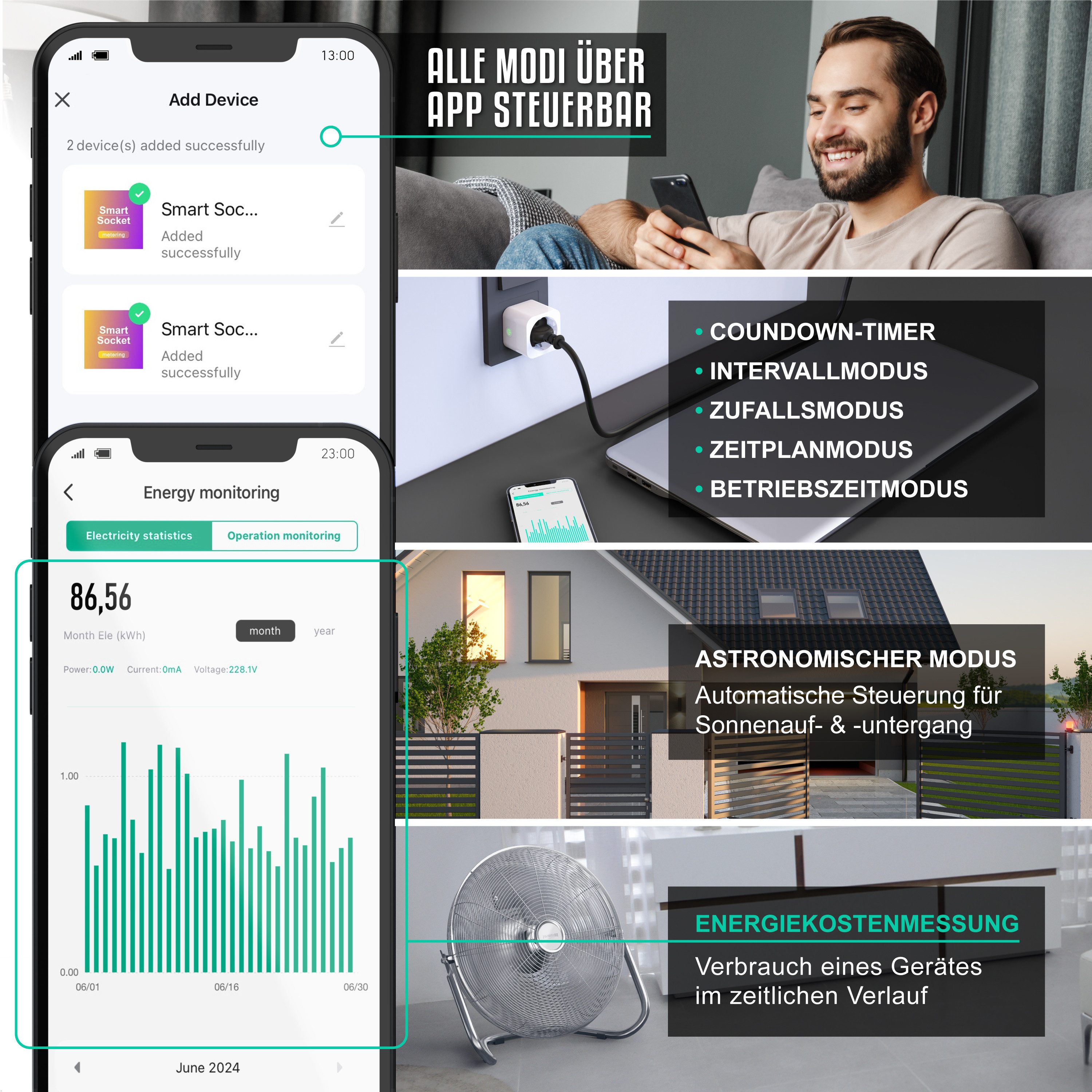 BEARWARE WLAN-Steckdose mit Strommessung, 2,4Ghz WiFi Fernsteuerung per App, Sprachsteuerung, 1-St., Zeitschaltuhr, Energiekostenmessgerät, Smart life App, Timer