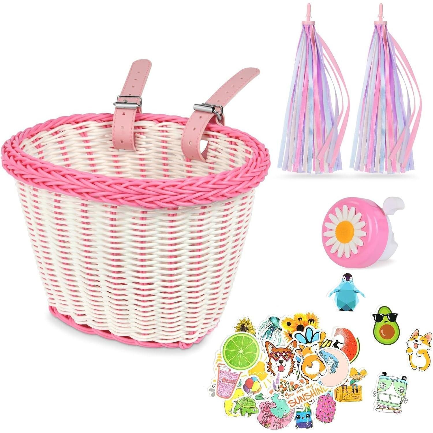 LuxusKollektion Fahrradkorb Fahrradkorb Kinder vorne abnehmbar Rattan Klingel #10 Rosa und Weiß