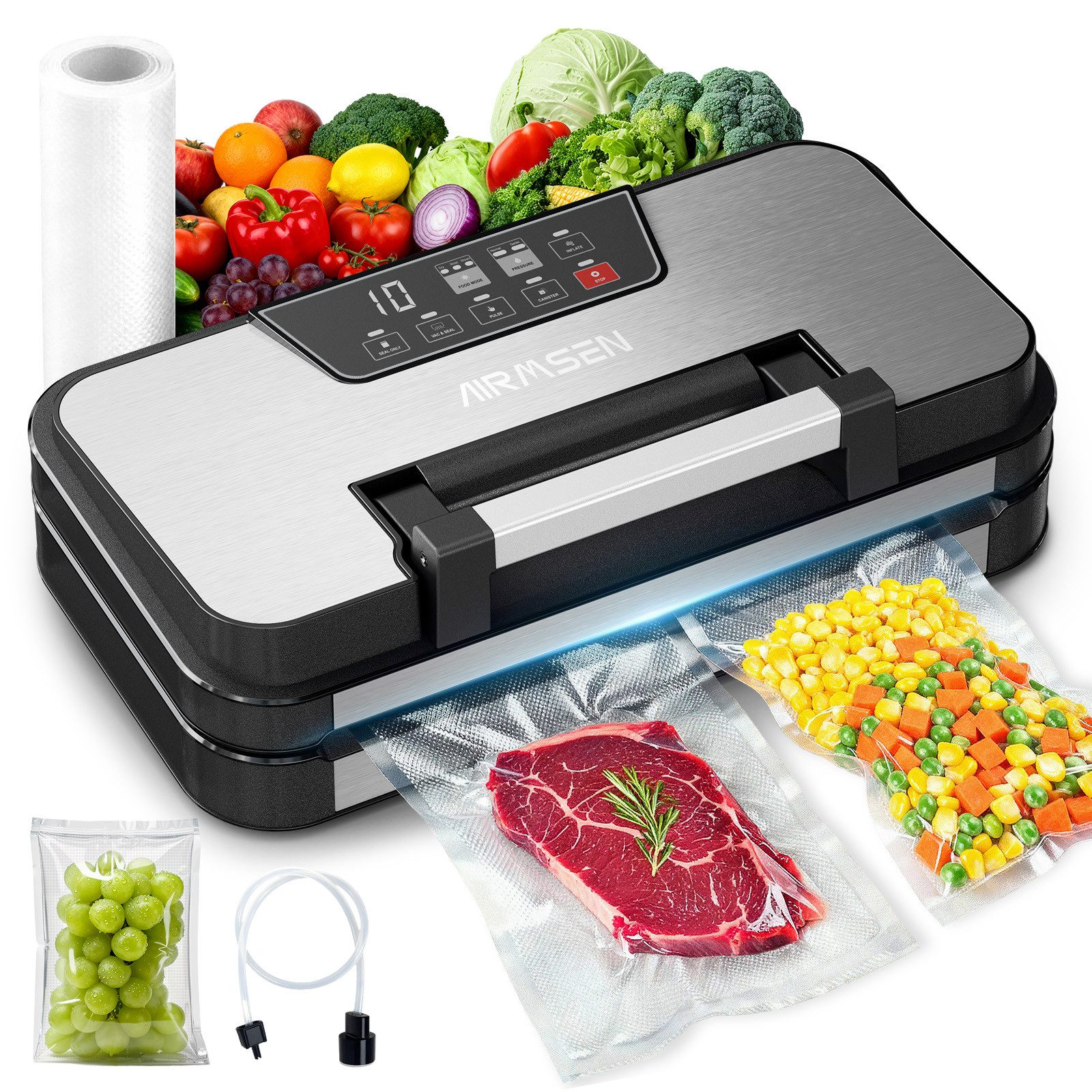 Airmsen Vakuumierer Multifunktionales Vakuumiergerät mit Pulse-Funktion,Inflate-Funktion, 125W, für Folien bis 30 cm Breite,2 Versiegelungszeiten