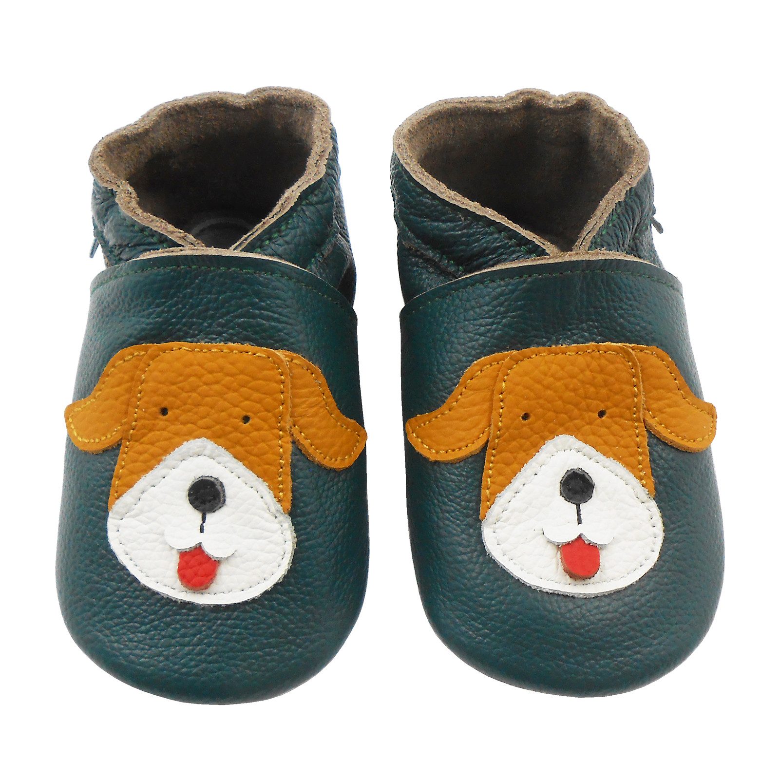 Basrakids Weiche Leder Krabbelschuh Hausschuhe Lederpuschen Hund dunkelgrüner Lauflernschuh Handgenäht, weiche, leichte, flexible, rutschfest