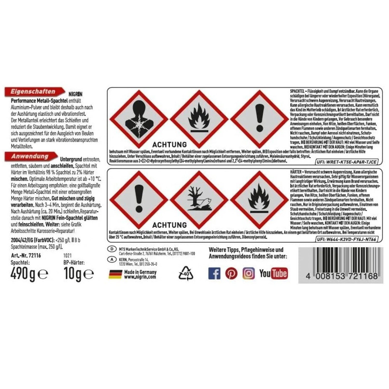 NIGRIN Spachtelmasse 2K Metall-Spachtel mit Härter 500g Füll-Spachtel, Spac günstig online kaufen