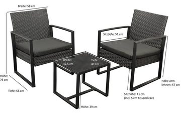 DEGAMO Gartenlounge-Set MALTA, (3-tlg), (2x Loungesessel, 1x Tisch), Metall + Polyrattan schwarz, mit Polstern
