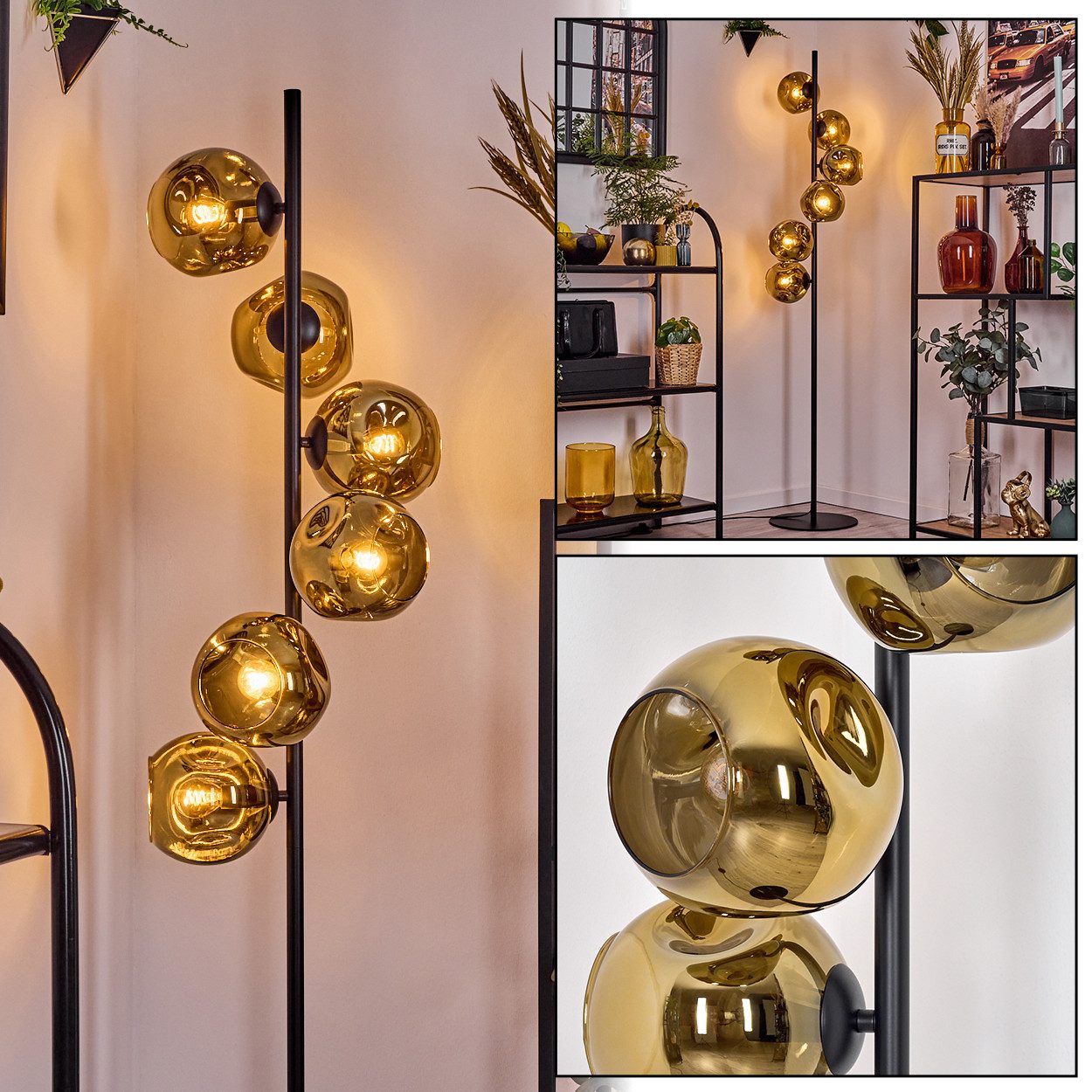 Stehlampe Stehlampe aus Metall/Glas in Schwarz/Goldfarben