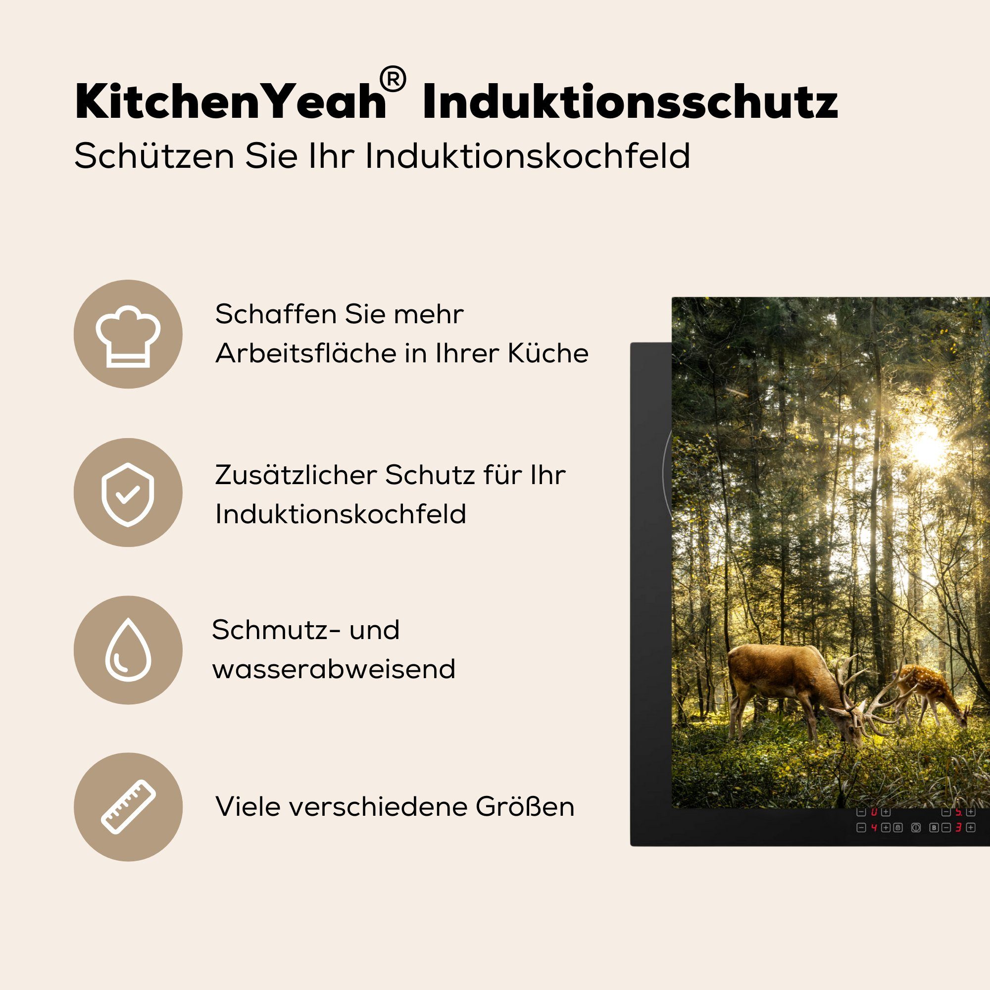 - Vinyl, für Herdblende-/Abdeckplatte Schutz cm, tlg), - küche, 81x52 MuchoWow die Induktionskochfeld Hirsche (1 Wald, Natur Ceranfeldabdeckung