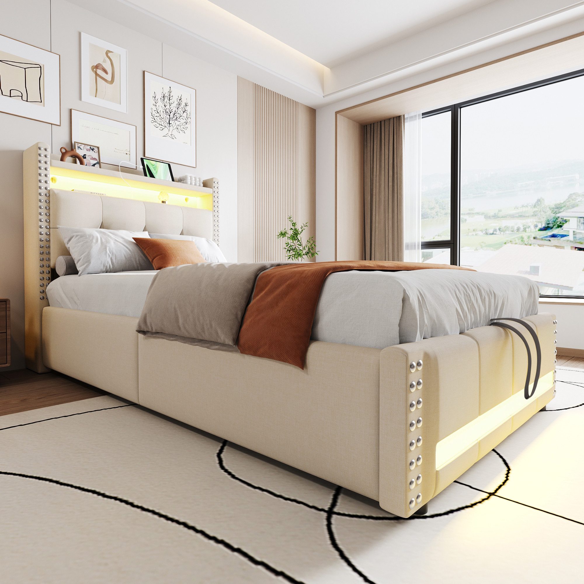 Merax Polsterbett aus Leinen (Stauraumbett Mehrzweckbett, 1-tlg), hydraulis günstig online kaufen